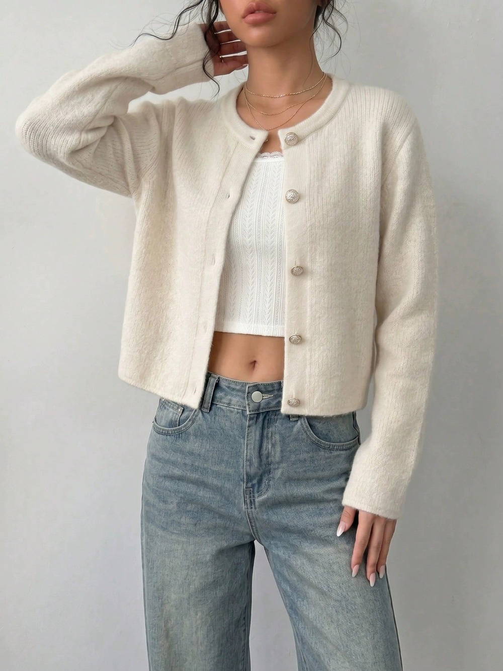 Zara Fall Winter Metal Button Knit Cardigan Short Round Neck Soft